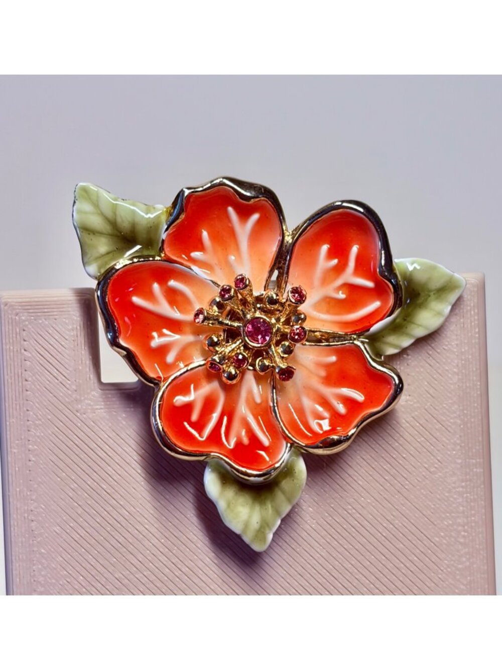 Vintage Monet Floral Brooch Orange Enamel Green Leaves Pink Rhinestones